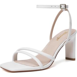 imageRIBONGZ Womens Strappy Heels Square Open Toe High Heels for Women Ankle Strap Chunky Heeled Sandals Wedding Bridal Shoes Comfort High Heel Sandals Dress Party ShoesWhite