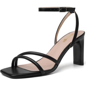 imageRIBONGZ Womens Strappy Heels Square Open Toe High Heels for Women Ankle Strap Chunky Heeled Sandals Wedding Bridal Shoes Comfort High Heel Sandals Dress Party ShoesBlack