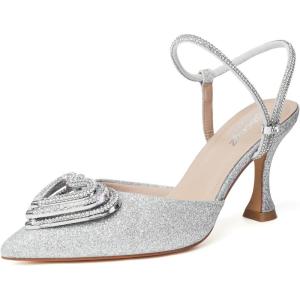imageRIBONGZ Womens Wedding Shoes Glitter Sparkly Pointed Toe Strappy High Heels Sexy Ankle Strap Pumps Bridal Party Work Dress ShoesHeartgltsilver
