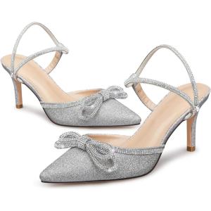 imageRIBONGZ Womens Wedding Shoes Glitter Sparkly Pointed Toe Strappy High Heels Sexy Ankle Strap Pumps Bridal Party Work Dress ShoesXmwsilver