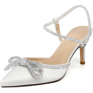 imageRIBONGZ Womens Wedding Shoes Glitter Sparkly Pointed Toe Strappy High Heels Sexy Ankle Strap Pumps Bridal Party Work Dress ShoesXmwwhite
