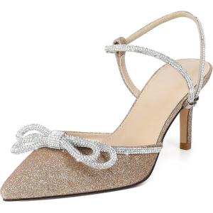 imageRIBONGZ Womens Wedding Shoes Glitter Sparkly Pointed Toe Strappy High Heels Sexy Ankle Strap Pumps Bridal Party Work Dress ShoesXmwyzgold