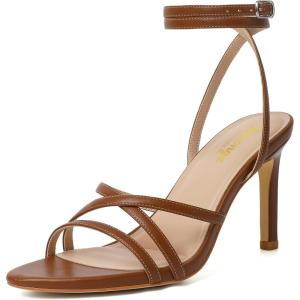 imageRIBONGZ Comfortable Kitten Heels Sexy Lace Up Heeled Sandals for Women Pointed Toe Strappy Heels Vacation Sandals Wedding Bride Party Prom Dress ShoesBrown