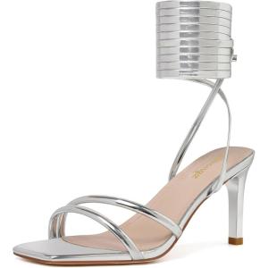 imageRIBONGZ Strappy Heels for Women Square Open Toe Tie Up Sandals Ankle Strap Lace Up Stiletto High Heels Sexy for Wedding Prom Party Comfort Dress ShoesSilver