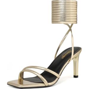 imageRIBONGZ Strappy Heels for Women Square Open Toe Tie Up Sandals Ankle Strap Lace Up Stiletto High Heels Sexy for Wedding Prom Party Comfort Dress ShoesGold Pu