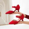 imageRIBONGZ Comfortable Kitten Heels for Women Pointed Closed Toe Ankle Strap Buckle Heels Slip on Low Heel Church Pumps Wedding Bridal Party Dressy ShoesRed