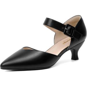 imageRIBONGZ Comfortable Kitten Heels for Women Pointed Closed Toe Ankle Strap Buckle Heels Slip on Low Heel Church Pumps Wedding Bridal Party Dressy ShoesBlack Pu