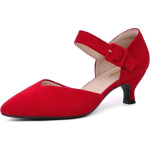 imageRIBONGZ Comfortable Kitten Heels for Women Pointed Closed Toe Ankle Strap Buckle Heels Slip on Low Heel Church Pumps Wedding Bridal Party Dressy ShoesRed
