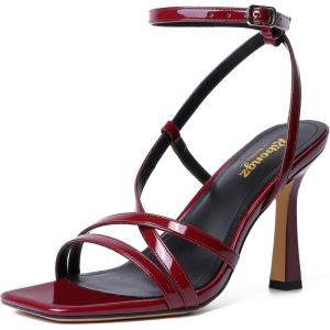 imageRIBONGZ Strappy Stiletto Kitten Heels Ankle Strap Sexy Heeled Sandals for Women Square Open Toe High Heels Wedding Bride Party Prom Dress ShoesDark Red