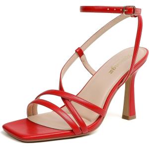imageRIBONGZ Strappy Stiletto Kitten Heels Ankle Strap Sexy Heeled Sandals for Women Square Open Toe High Heels Wedding Bride Party Prom Dress ShoesRed