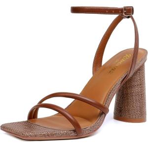 imageRIBONGZ Block Heels Prom Heeled Sandals for Women Chunky Square Open Toe Strappy High Heels Ankle Strap Wedding Bridal Shoes High Heel Sandals for Party DressBraided Brown