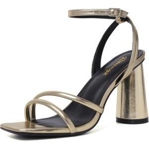 imageRIBONGZ Block Heels Prom Heeled Sandals for Women Chunky Square Open Toe Strappy High Heels Ankle Strap Wedding Bridal Shoes High Heel Sandals for Party DressGold Pu