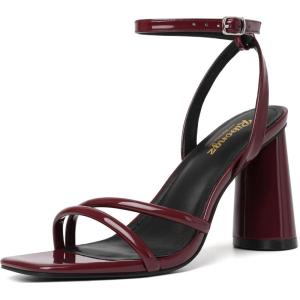 imageRIBONGZ Block Heels Prom Heeled Sandals for Women Chunky Square Open Toe Strappy High Heels Ankle Strap Wedding Bridal Shoes High Heel Sandals for Party DressBurgundy