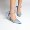 imageRIBONGZ Wedding Bridal Shoes for Women Chunky Block Heel Pumps Closed Pointed Toe Heels with Elegant Bow Knot Comfort Evening Party Prom Office ShoesBlue