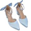 imageRIBONGZ Wedding Bridal Shoes for Women Chunky Block Heel Pumps Closed Pointed Toe Heels with Elegant Bow Knot Comfort Evening Party Prom Office ShoesBlue