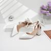imageRIBONGZ Wedding Bridal Shoes for Women Chunky Block Heel Pumps Closed Pointed Toe Heels with Elegant Bow Knot Comfort Evening Party Prom Office ShoesWhite