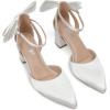 imageRIBONGZ Wedding Bridal Shoes for Women Chunky Block Heel Pumps Closed Pointed Toe Heels with Elegant Bow Knot Comfort Evening Party Prom Office ShoesWhite