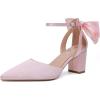 imageRIBONGZ Wedding Bridal Shoes for Women Chunky Block Heel Pumps Closed Pointed Toe Heels with Elegant Bow Knot Comfort Evening Party Prom Office ShoesPink