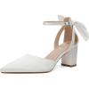 imageRIBONGZ Wedding Bridal Shoes for Women Chunky Block Heel Pumps Closed Pointed Toe Heels with Elegant Bow Knot Comfort Evening Party Prom Office ShoesWhite