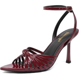 imageRIBONGZ High Heels for Women Lace Up Summer Sandals Strappy Heels Pointed Open Toe Ankle Strap High Stiletto Sexy Pumps for Wedding Casual Dance Prom Party Comfortable Dressy ShoesBurgundy