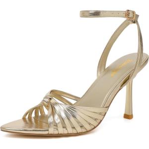 imageRIBONGZ High Heels for Women Lace Up Summer Sandals Strappy Heels Pointed Open Toe Ankle Strap High Stiletto Sexy Pumps for Wedding Casual Dance Prom Party Comfortable Dressy ShoesGold