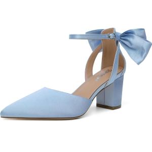 imageRIBONGZ Wedding Bridal Shoes for Women Chunky Block Heel Pumps Closed Pointed Toe Heels with Elegant Bow Knot Comfort Evening Party Prom Office ShoesBlue
