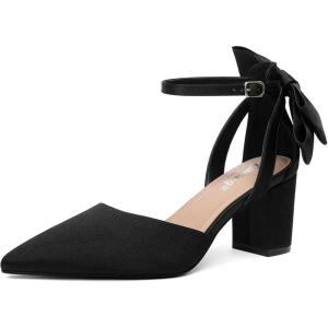 imageRIBONGZ Wedding Bridal Shoes for Women Chunky Block Heel Pumps Closed Pointed Toe Heels with Elegant Bow Knot Comfort Evening Party Prom Office ShoesBlack