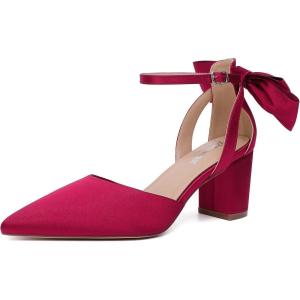 imageRIBONGZ Wedding Bridal Shoes for Women Chunky Block Heel Pumps Closed Pointed Toe Heels with Elegant Bow Knot Comfort Evening Party Prom Office ShoesBurgundy