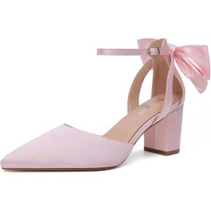 imageRIBONGZ Wedding Bridal Shoes for Women Chunky Block Heel Pumps Closed Pointed Toe Heels with Elegant Bow Knot Comfort Evening Party Prom Office ShoesPink