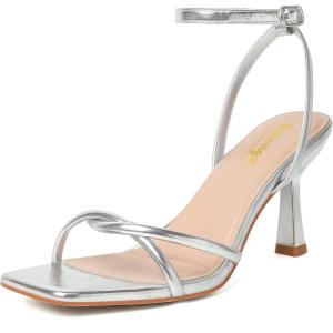 imageRIBONGZ Womens Heeled Sandals Square Open Toe Kitten Strappy Heels with Ankle Strap Elegant Summer Wedding Party Evening Prom Daily Wear Lace Up Dress ShoesSilver