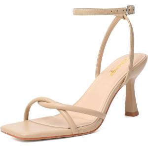 imageRIBONGZ Womens Heeled Sandals Square Open Toe Kitten Strappy Heels with Ankle Strap Elegant Summer Wedding Party Evening Prom Daily Wear Lace Up Dress ShoesNude