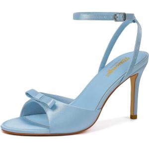 imageRIBONGZ Womens High Heels Round Open Toe Sexy Kitten Sandals Stiletto Heeled Pumps Ankle Strap Bridal Shoes with Bow Summer Wedding Party Casual Office WorkLight Blue