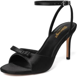 imageRIBONGZ Womens High Heels Round Open Toe Sexy Kitten Sandals Stiletto Heeled Pumps Ankle Strap Bridal Shoes with Bow Summer Wedding Party Casual Office WorkBlack