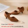 imageRIBONGZ Comfortable Kitten Heels for Women Pointed Closed Toe Ankle Strap Buckle Heels Slip on Low Heel Church Pumps Wedding Bridal Party Dressy ShoesCaramel Brown