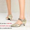 imageRIBONGZ Comfortable Kitten Heels for Women Pointed Closed Toe Ankle Strap Buckle Heels Slip on Low Heel Church Pumps Wedding Bridal Party Dressy ShoesGold Patent
