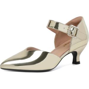 imageRIBONGZ Comfortable Kitten Heels for Women Pointed Closed Toe Ankle Strap Buckle Heels Slip on Low Heel Church Pumps Wedding Bridal Party Dressy ShoesGold Patent