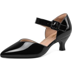 imageRIBONGZ Comfortable Kitten Heels for Women Pointed Closed Toe Ankle Strap Buckle Heels Slip on Low Heel Church Pumps Wedding Bridal Party Dressy ShoesBlack Patent
