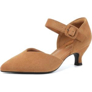 imageRIBONGZ Comfortable Kitten Heels for Women Pointed Closed Toe Ankle Strap Buckle Heels Slip on Low Heel Church Pumps Wedding Bridal Party Dressy ShoesLight Brown Suede