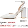 imageRIBONGZ Block Heels for Women Closed Pointed Toe Heeled Slingback Chunky High Heel Ankle Strap Pumps Patent Leather Comfort Dressy Shoes for Work Party Prom Wedding Bridal DressWhite Leather