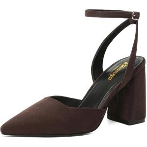 imageRIBONGZ Block Heels for Women Closed Pointed Toe Heeled Slingback Chunky High Heel Ankle Strap Pumps Patent Leather Comfort Dressy Shoes for Work Party Prom Wedding Bridal DressDark Brown Suede