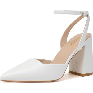 imageRIBONGZ Block Heels for Women Closed Pointed Toe Heeled Slingback Chunky High Heel Ankle Strap Pumps Patent Leather Comfort Dressy Shoes for Work Party Prom Wedding Bridal DressWhite Leather