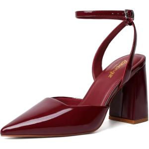 imageRIBONGZ Block Heels for Women Closed Pointed Toe Heeled Slingback Chunky High Heel Ankle Strap Pumps Patent Leather Comfort Dressy Shoes for Work Party Prom Wedding Bridal DressBurgundy
