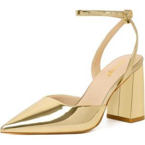 imageRIBONGZ Block Heels for Women Closed Pointed Toe Heeled Slingback Chunky High Heel Ankle Strap Pumps Patent Leather Comfort Dressy Shoes for Work Party Prom Wedding Bridal DressGold