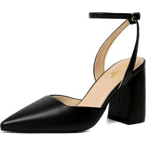 imageRIBONGZ Block Heels for Women Closed Pointed Toe Heeled Slingback Chunky High Heel Ankle Strap Pumps Patent Leather Comfort Dressy Shoes for Work Party Prom Wedding Bridal DressBlack Leather