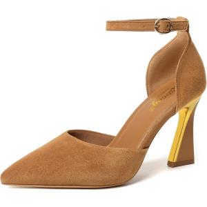 imageRIBONGZ Womens Closed Pointed Toe Heels Ankle Strap High Pumps Elegant Strappy Stiletto Dress Shoes for Work Party Evening Casual OfficeLight Brown