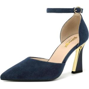 imageRIBONGZ Womens Closed Pointed Toe Heels Ankle Strap High Pumps Elegant Strappy Stiletto Dress Shoes for Work Party Evening Casual OfficeNavy Blue