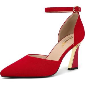 imageRIBONGZ Womens Closed Pointed Toe Heels Ankle Strap High Pumps Elegant Strappy Stiletto Dress Shoes for Work Party Evening Casual OfficeRed Suede