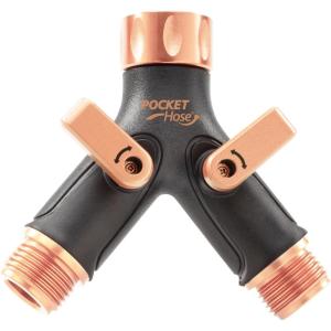 imagePocket Hose Copper Bullet 2Way Hose Splitter HeavyDuty ASSEENONTV YShaped LeakProof Connect Two Hoses at Once LeadFree Independent OnOff Switches Fits Standard Faucets ampamp Garden Hoses