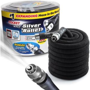 imagePocket Hose Silver Bullet 75 ft Turbo Shot Nozzle Multiple Spray Patterns Expandable Garden Hose 34 in Solid Aluminum Fittings Lightweight and NoKink