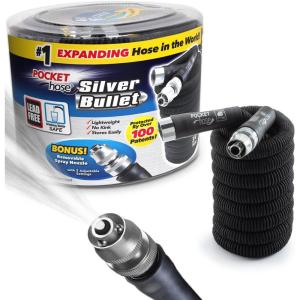 imagePocket Hose Silver Bullet Expandable Garden Hose Adjustable Turbo Shot Nozzle ASSEENONTV 25ft LeadFree UltraLightweight Solid Aluminum Connectors OnOff Valve No Kink AntiLeak25 Feet
